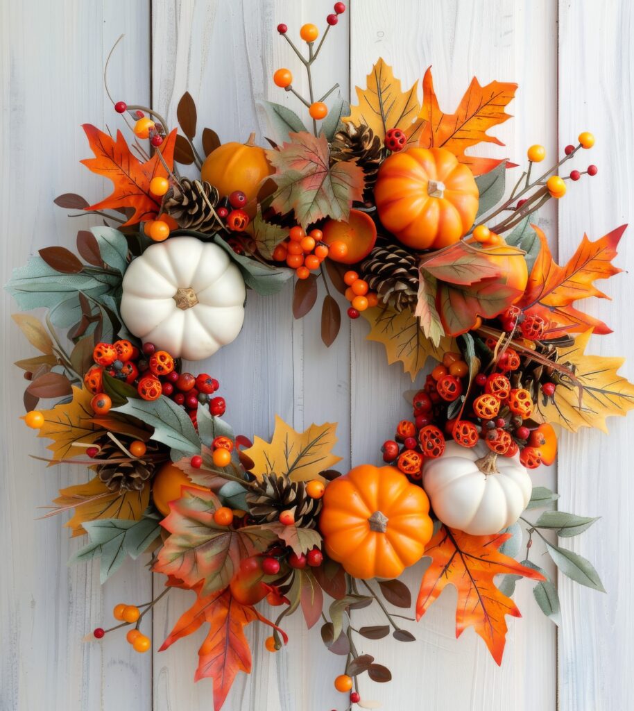 A wreath of pumpkins and leaves on the door.