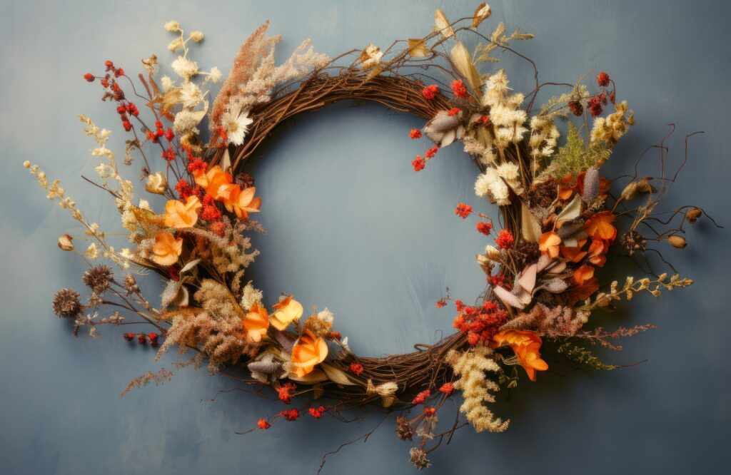 A wreath of flowers and leaves on the wall.