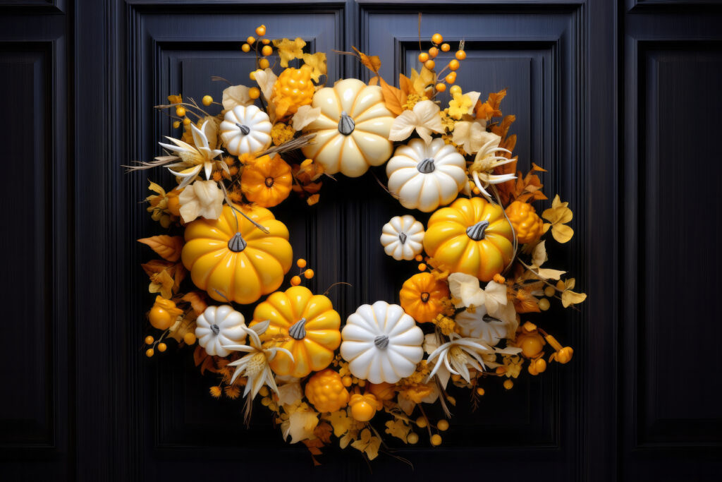 A wreath of pumpkins and leaves on the door.