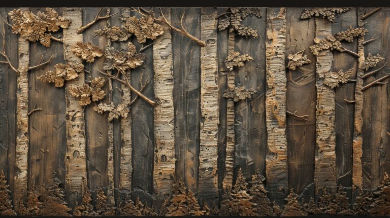 A wooden wall with carved trees and leaves.