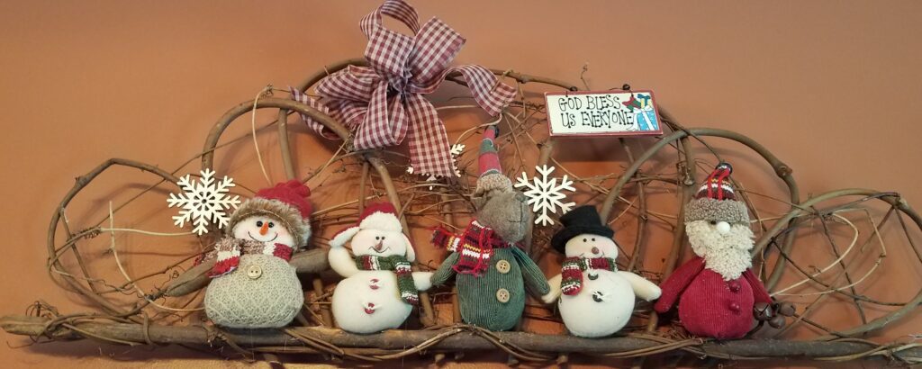 Rustic Christmas snowmen and God bless.