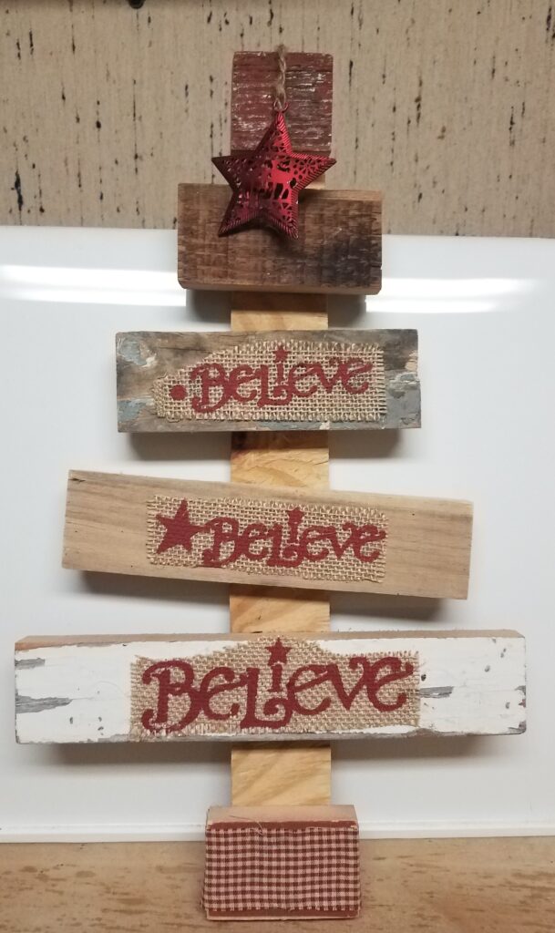 Rustic wooden Christmas tree, Believe.