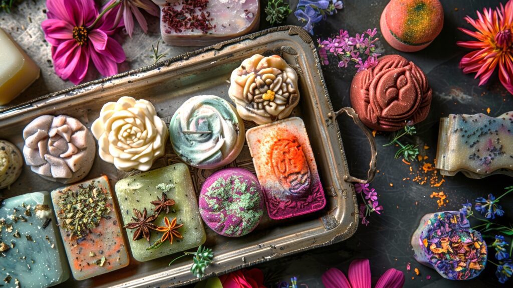 Artisan soaps and bath bombs on tray.