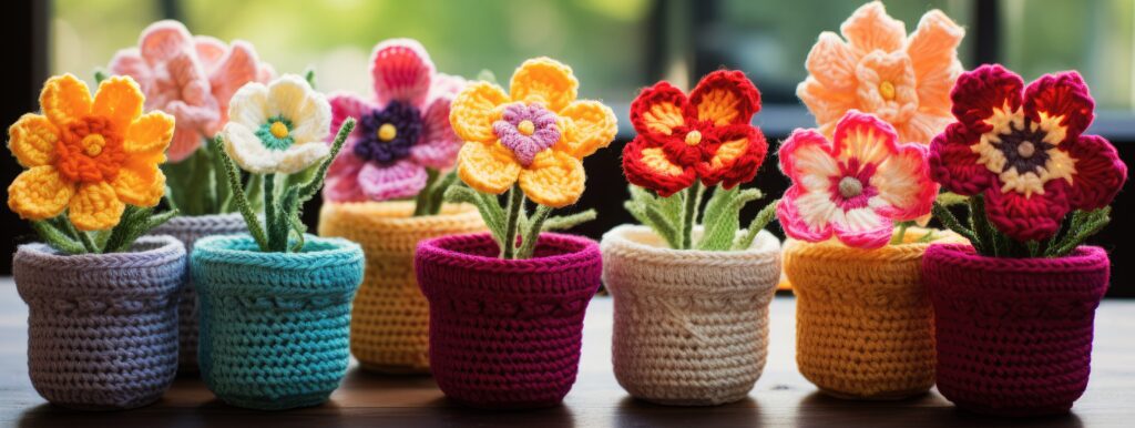 Knitted flowers in colorful pots.