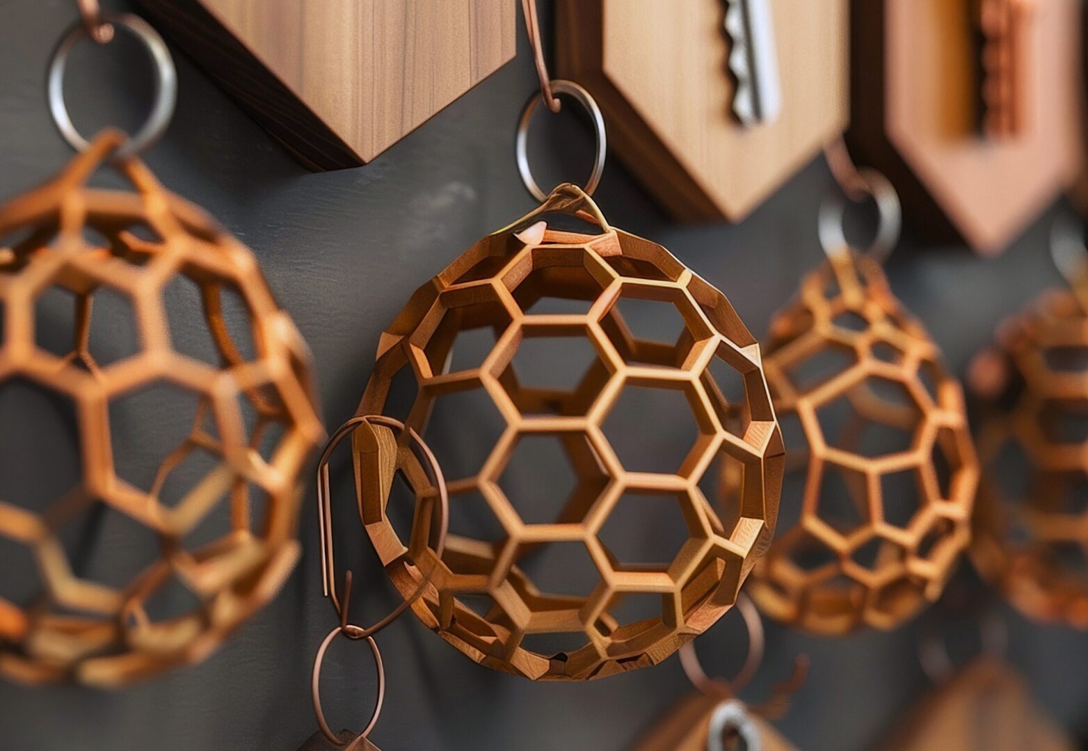 Wooden geometric sphere ornaments hanging.