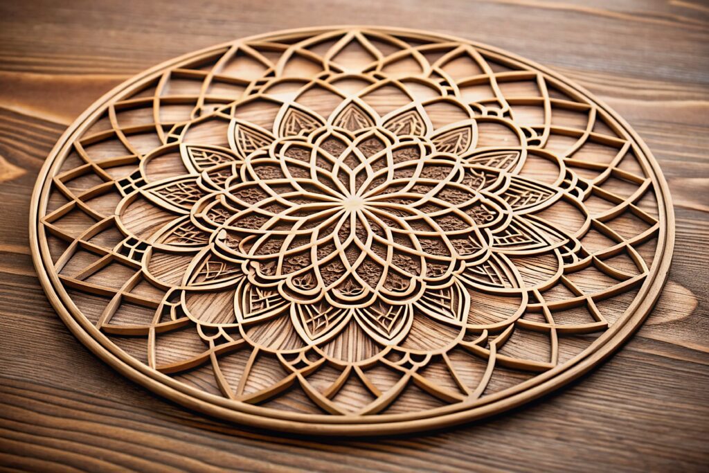 Intricate wooden mandala wall art.