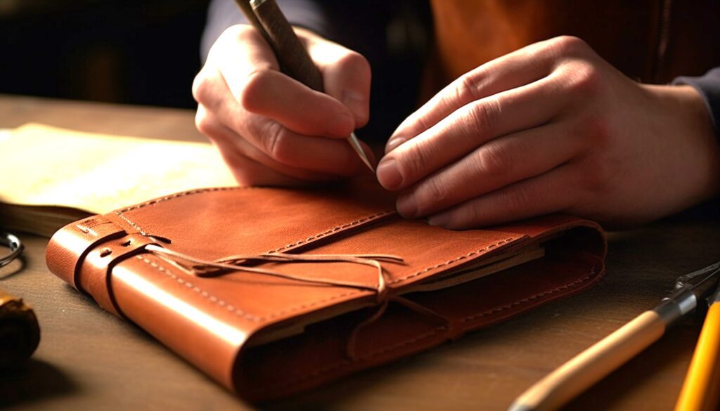 Artisan crafting a leather journal.