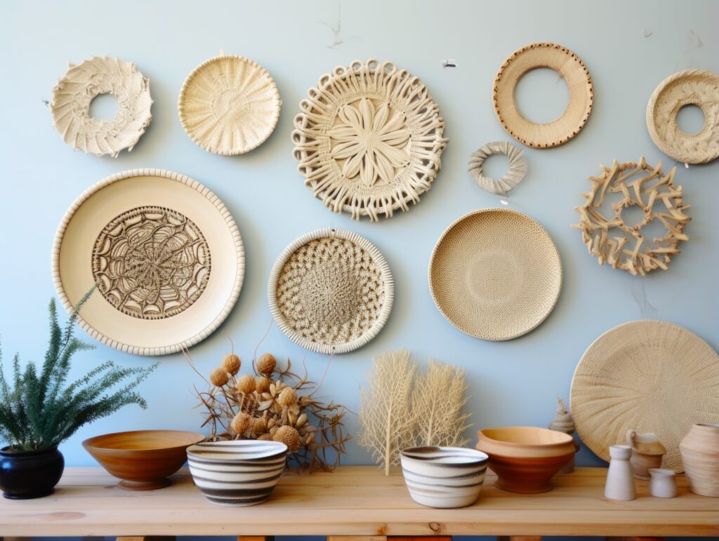 Beige woven wall decor and bowls.