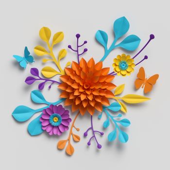 Here's an alt tag for the image: Colorful paper flowers and butterflies.