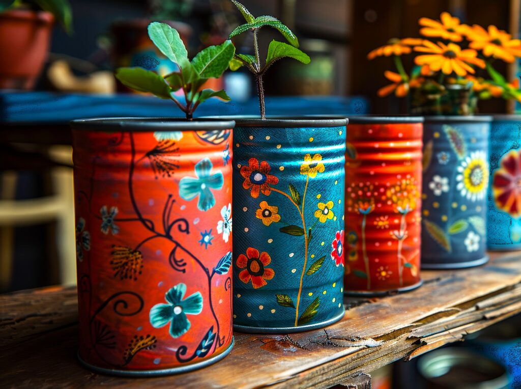 Painted cans with plants and flowers.