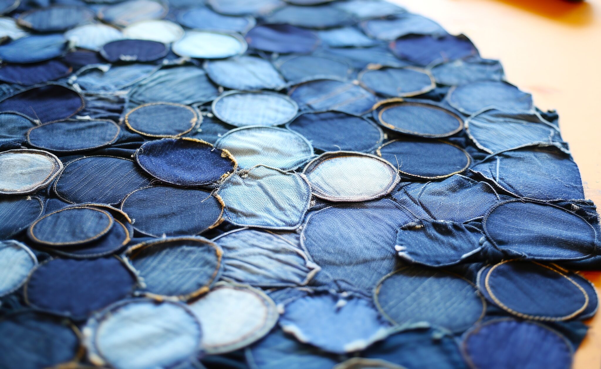 Denim circles patchwork fabric texture.