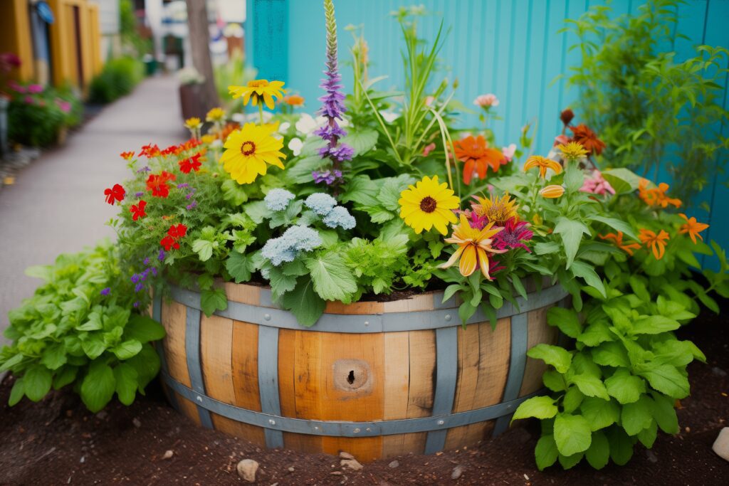 Colorful flowers in a wooden barrel planter.