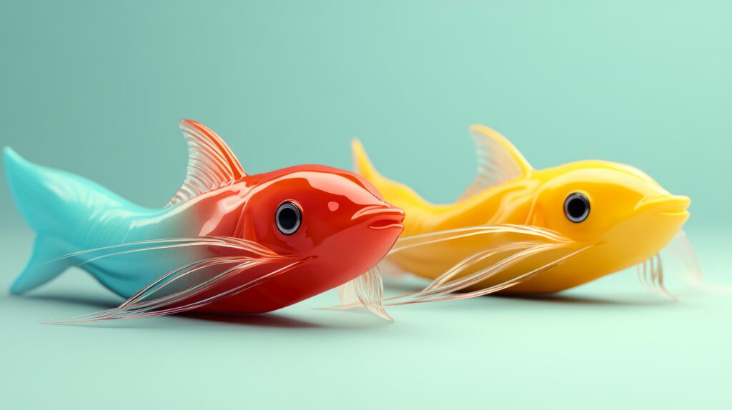 Two colorful glass fish figurines.