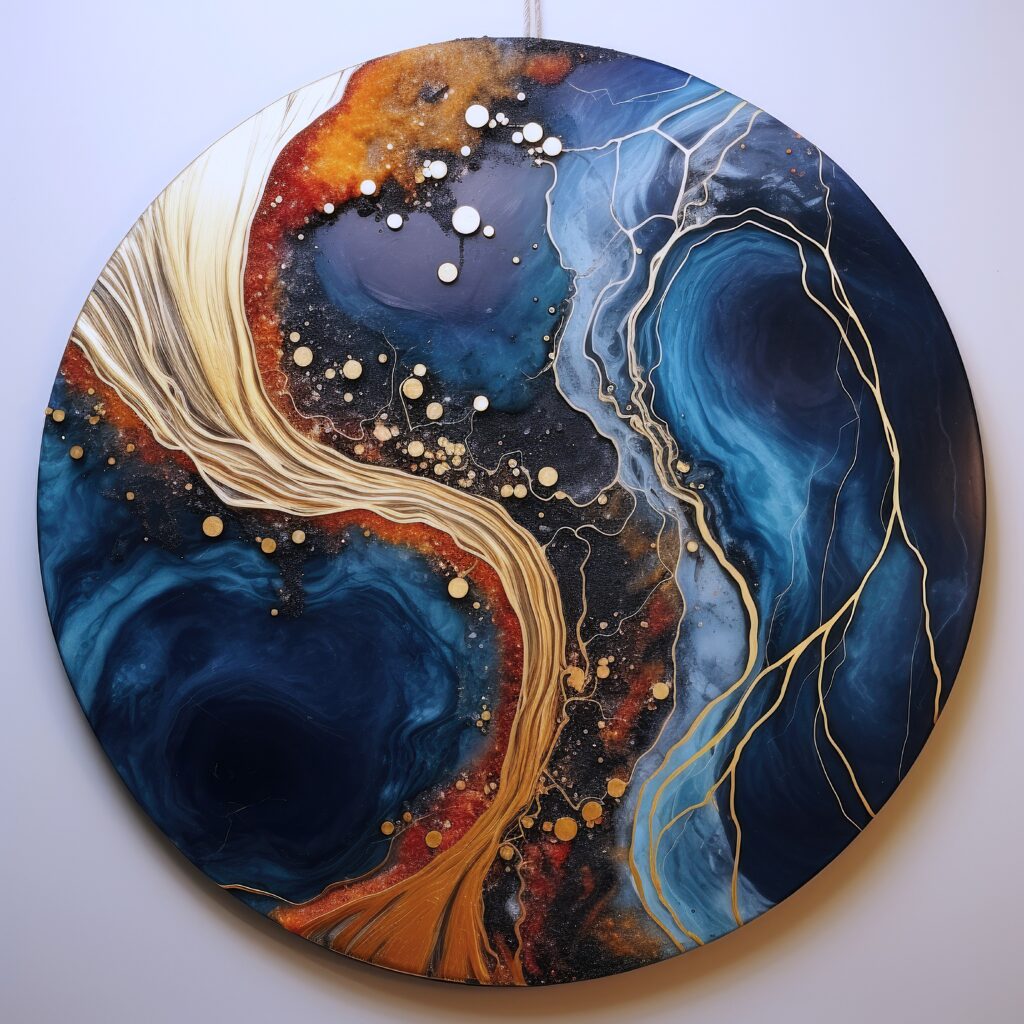 Abstract resin art; blue, gold, and black.