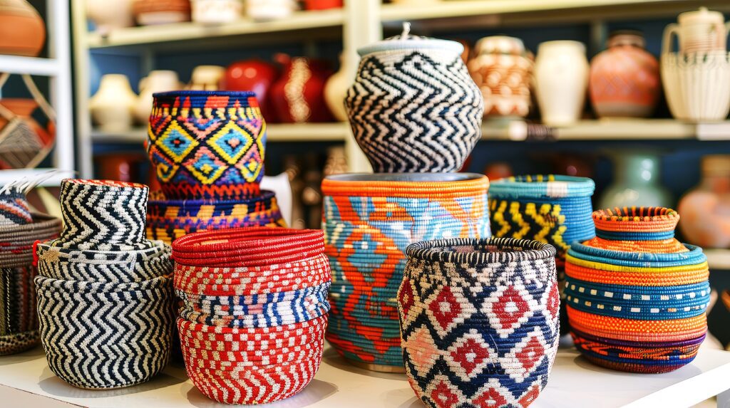 Colorful woven baskets on display.