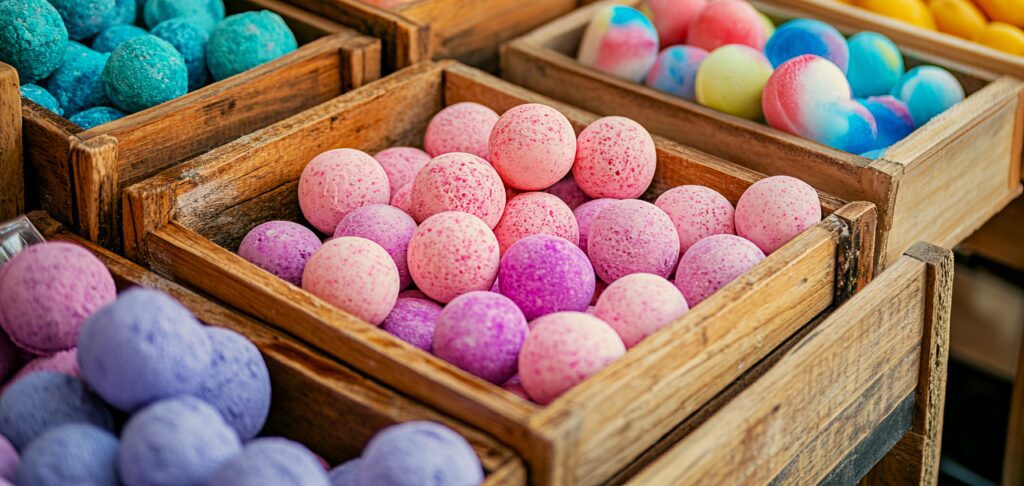 Colorful bath bombs in wooden crates.