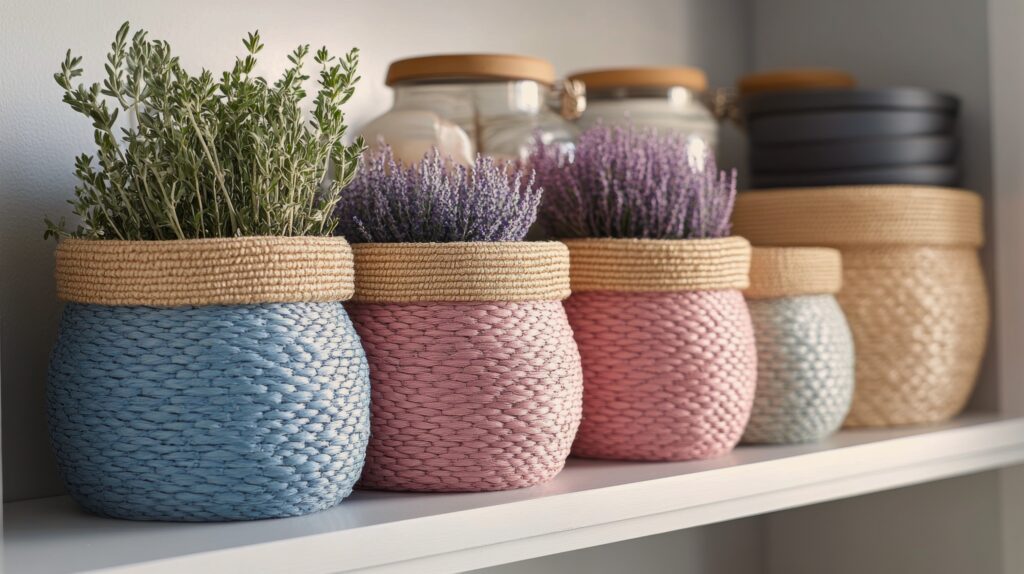 Herbs and lavender in woven baskets.