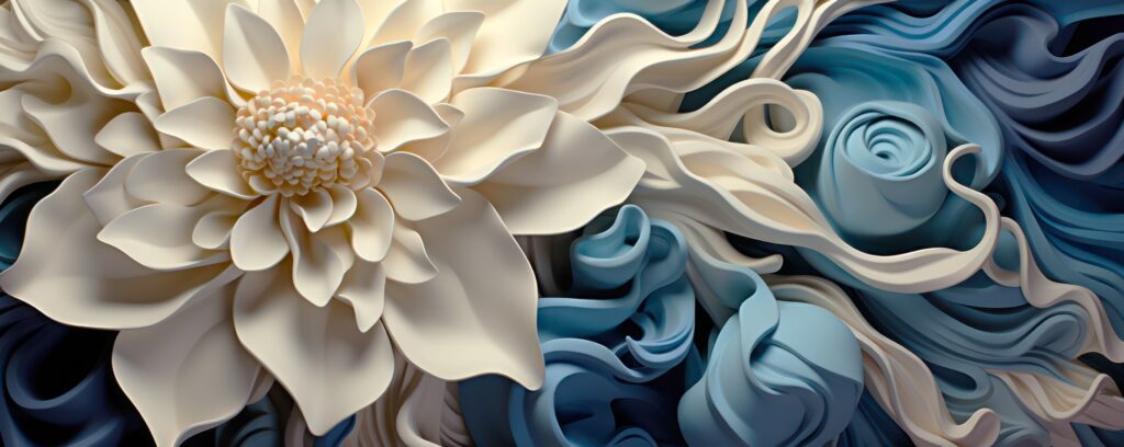 Abstract floral design, cream and blue.