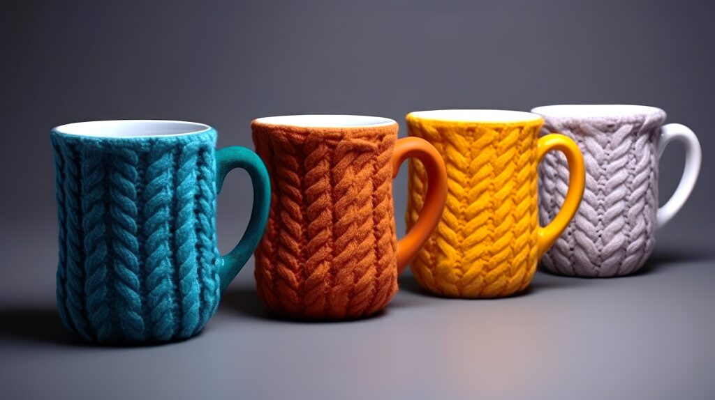 Four knitted coffee mugs in a row.