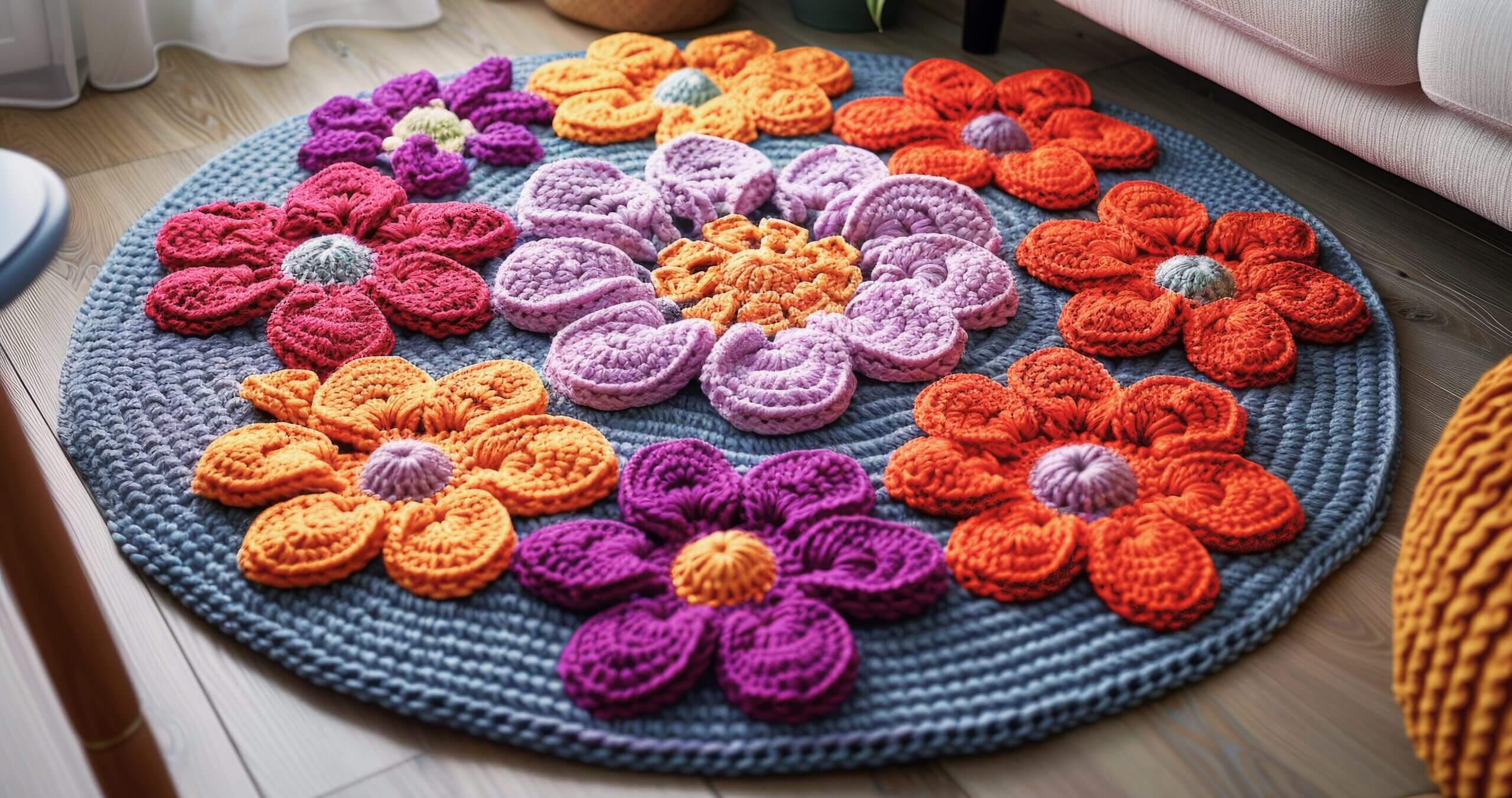 Crocheted flower rug on wood floor.