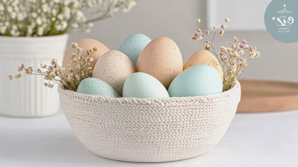 Pastel Easter eggs in knitted bowl.