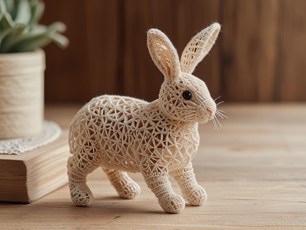 Beige string bunny figurine on wood.