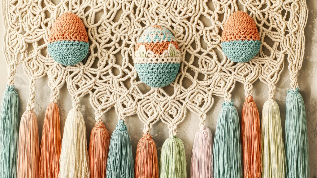 Crocheted Easter eggs on macrame wall hanging.