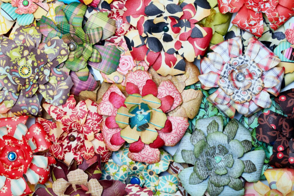 Colorful patterned paper flowers.