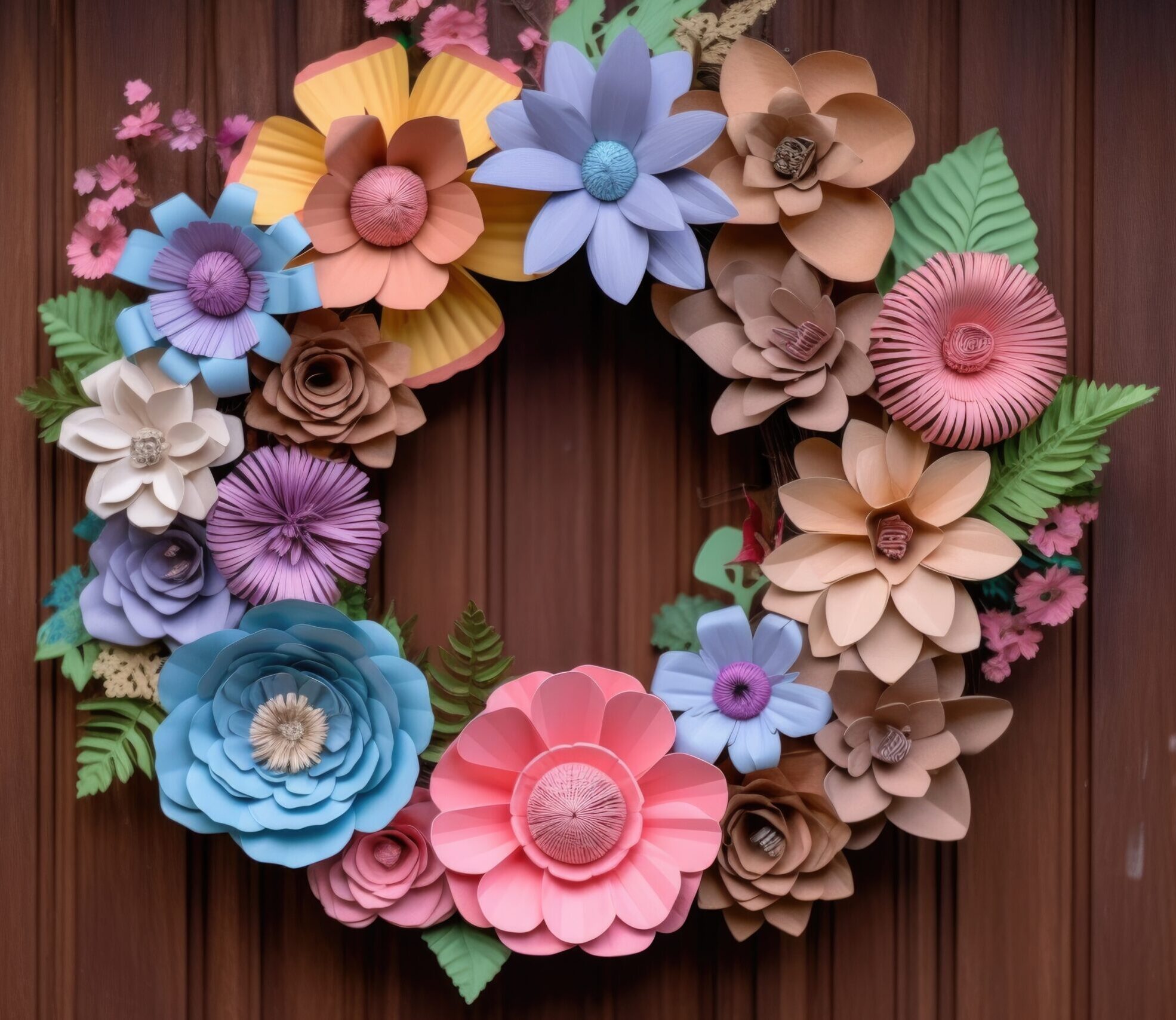 Paper flower wreath on wood door.