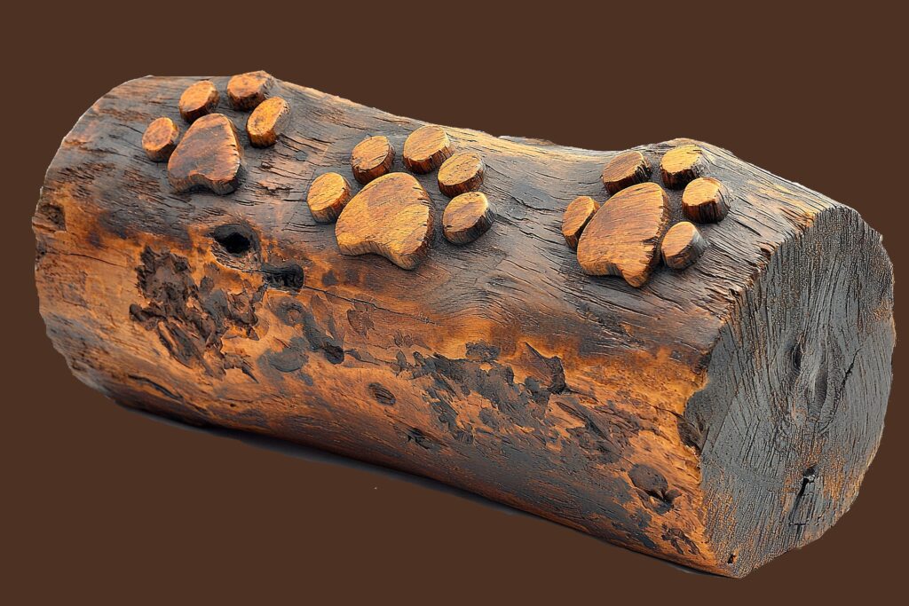 Wooden log with carved paw prints.