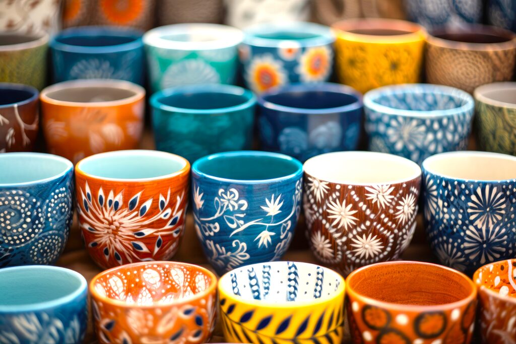 Hand-painted ceramic cups, colorful designs.