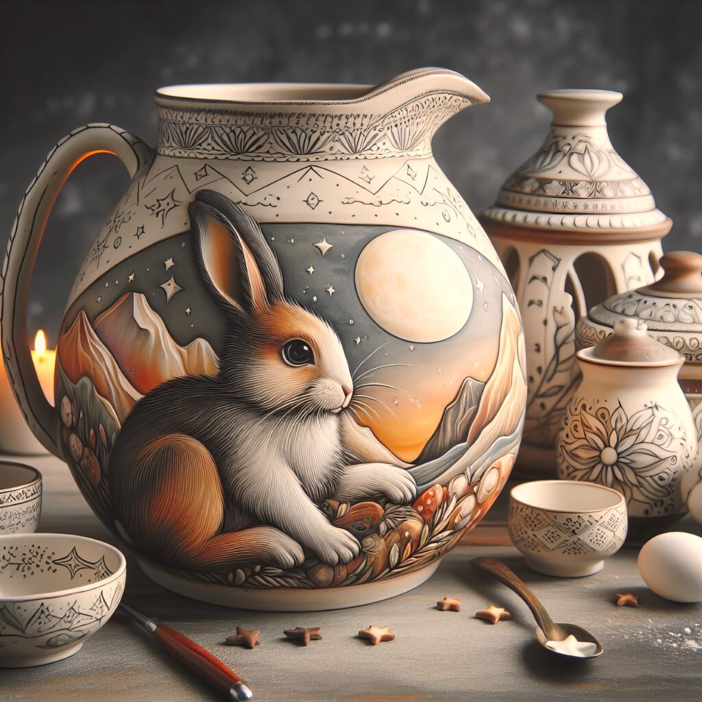 Hand-painted pitcher; rabbit, moon, stars.