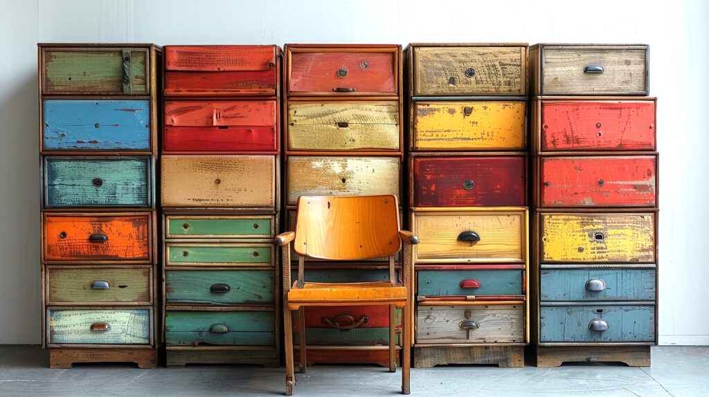 Colorful vintage wooden drawers and chair.