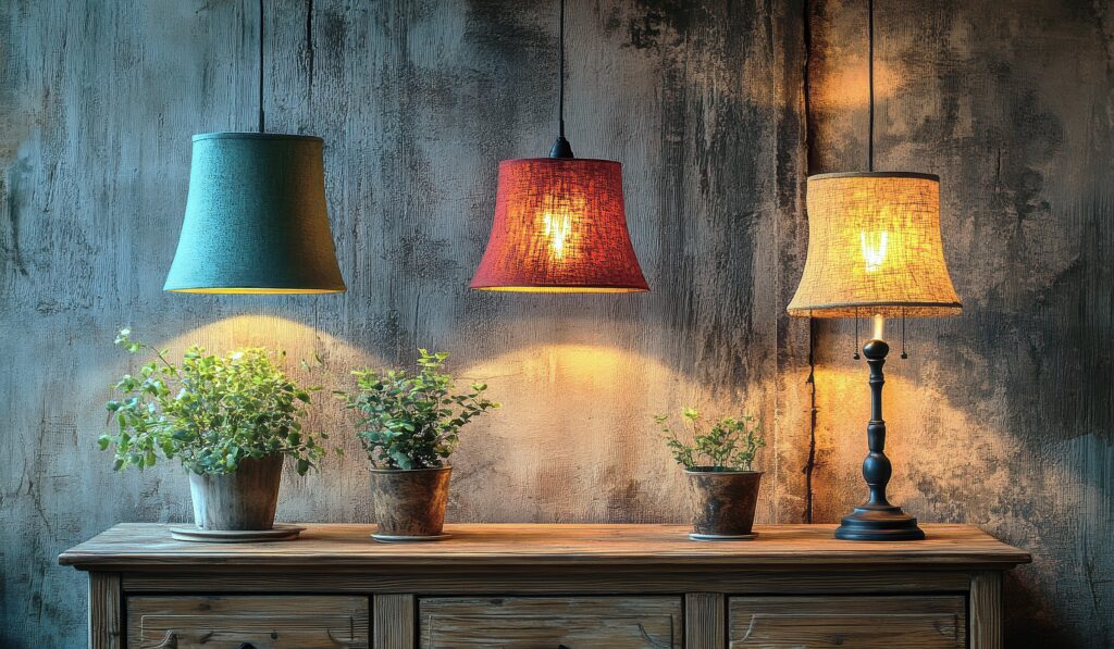 Three lamps and plants on dresser.