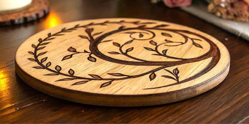 Wooden coaster with tree of life design.