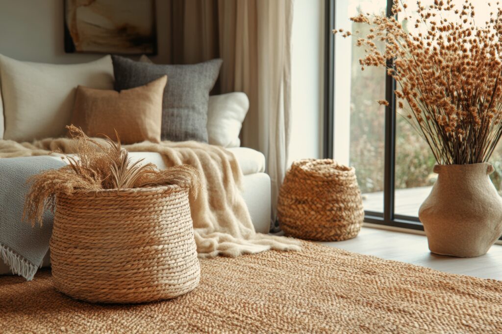 Woven basket with dried flowers on rug.