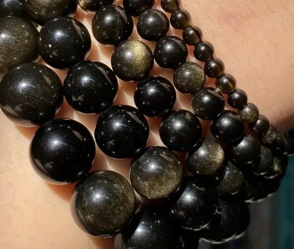 Beaded Golden Black Obsidian Gemstone Statement Necklace with Crystal Pendant - Image 4