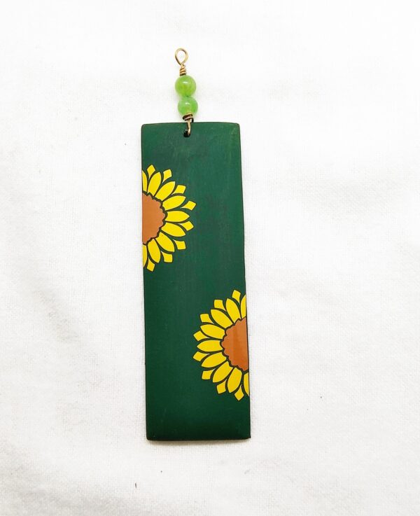 Large Wooden Sunflowers with Green Background Rectangular Beaded Stone Pendant