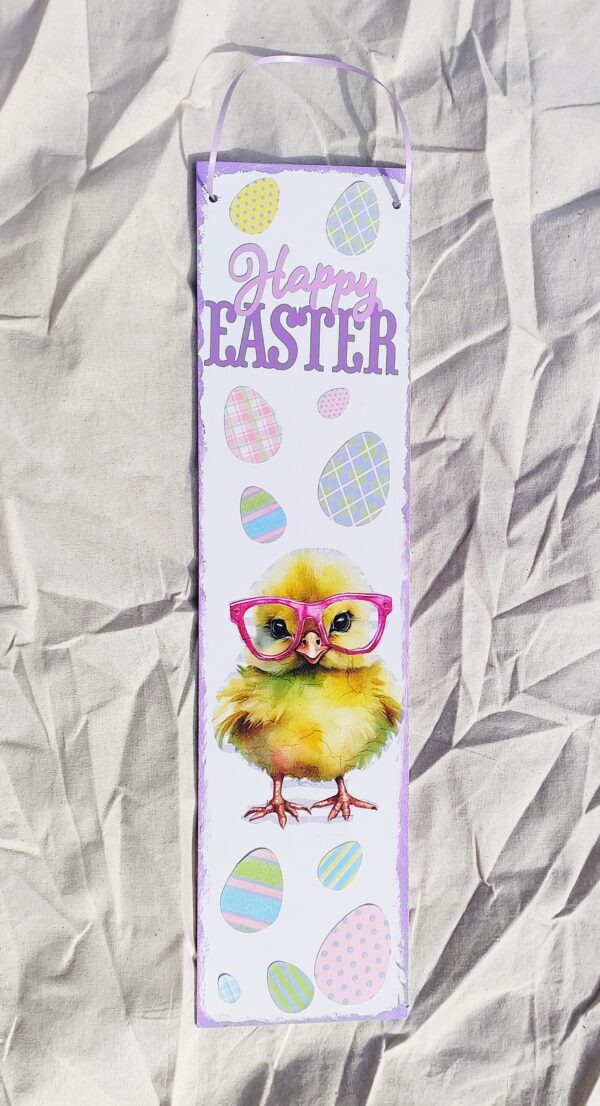 Long Decorative Happy Easter Chick with Glasses Wooden Plaque - Easter Decor