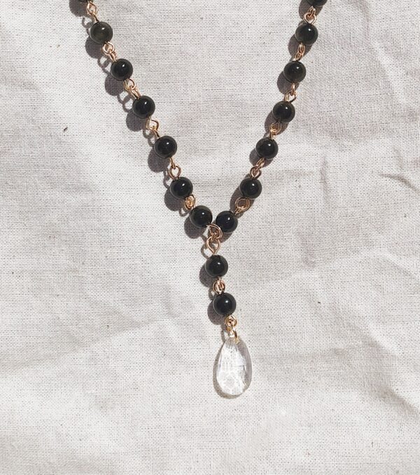 Beaded Golden Black Obsidian Gemstone Statement Necklace with Crystal Pendant