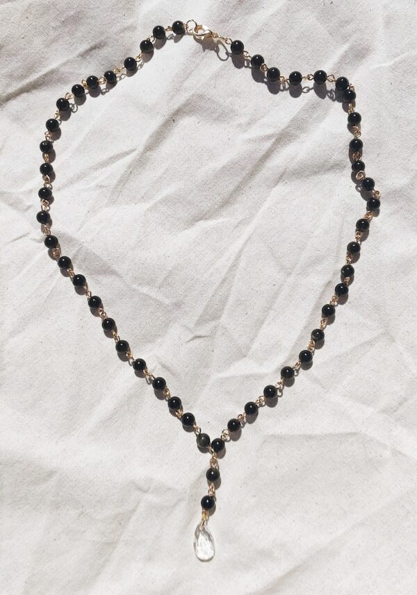 Beaded Golden Black Obsidian Gemstone Statement Necklace with Crystal Pendant - Image 2