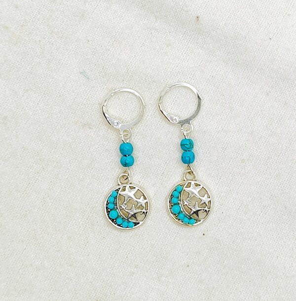 Turquoise Gemstone Crescent Moon and Stars Dangle Earrings w Lever backs