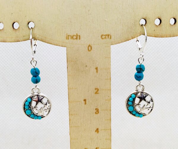 Turquoise Gemstone Crescent Moon and Stars Dangle Earrings w Lever backs - Image 2