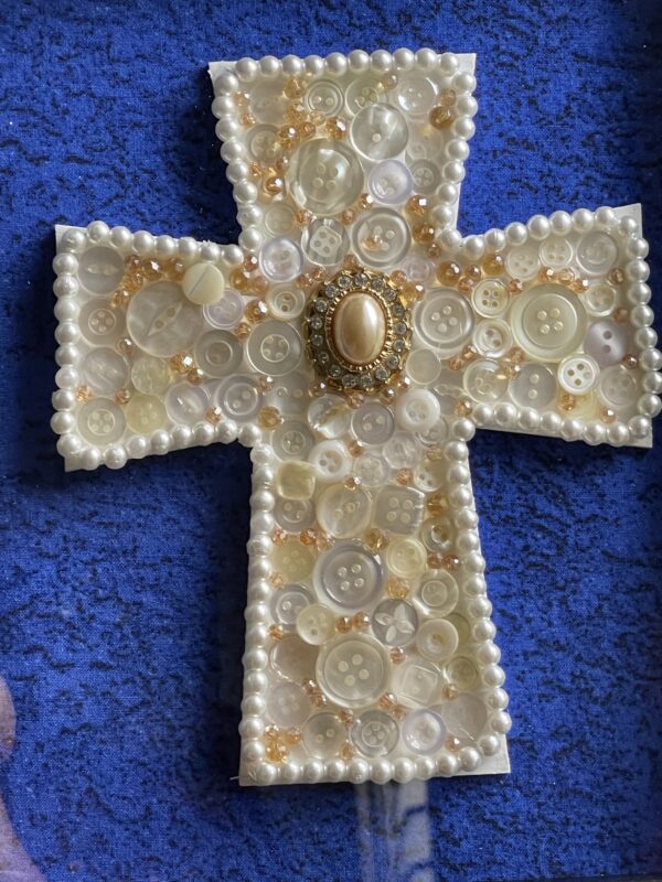 Framed button and bead cross