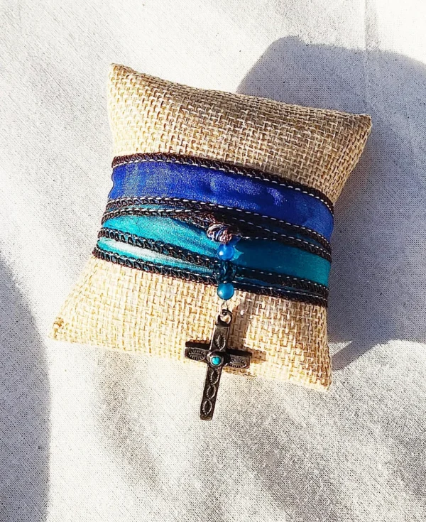 Christian Cross Blue Gemstone Bohemian Silk Wrap Ribbon Bracelet - Religious Jewelry Gift - Image 2