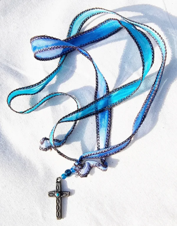 Christian Cross Blue Gemstone Bohemian Silk Wrap Ribbon Bracelet - Religious Jewelry Gift