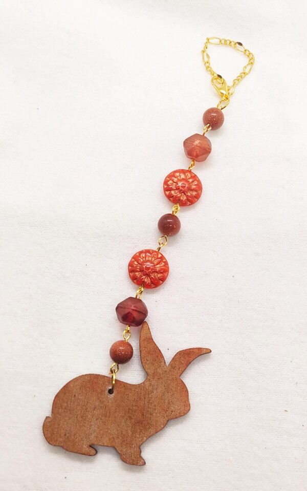 Wood Bunny Rabbit & Gemstone Hanging Rearview Mirror Car Charm - New Car Gift