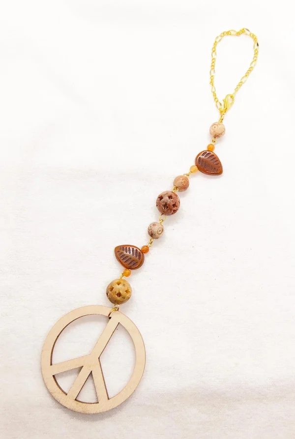 Wooden Peace Sign & Carved Gemstone Hanging Rearview Mirror Car Charm - New Car Gift