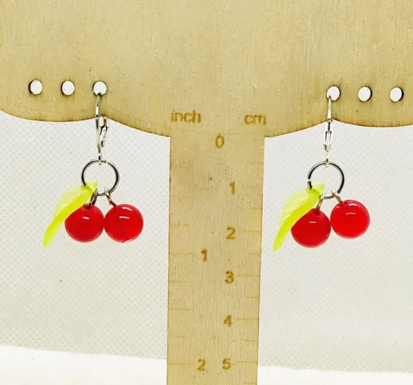 Playful Red Cherry Charm Gold Plated Drop Earrings - Handcrafted Jewelry - Double Cherry Earrings - Fruit Jewelry - Women's Spring Jewelry - Image 2