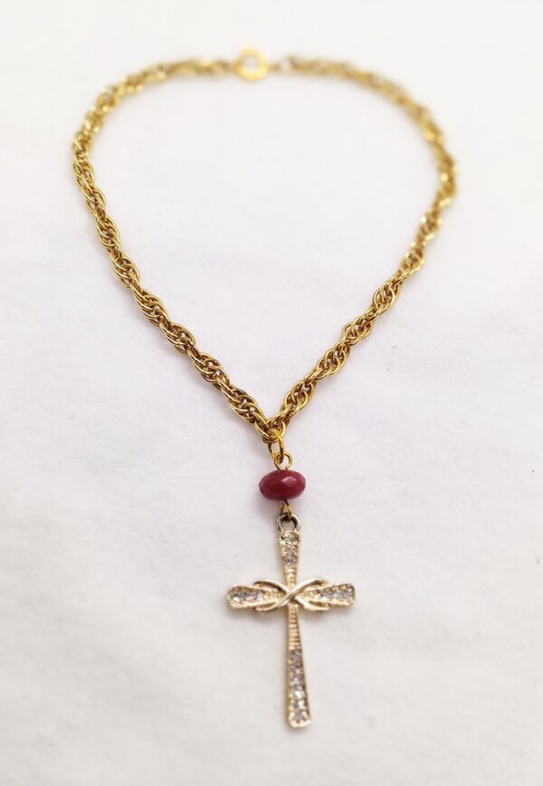 Golden Christian Cross Gemstone Dangle Anklet - Handcrafted Jewelry - Gifts for Her